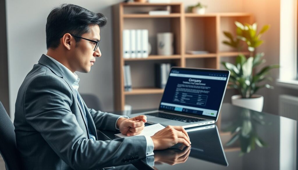 A modern office setting showcasing a person sitting at a sleek desk with a laptop open, actively researching the existence of a company. The foreground features a focused individual in business attire, with a thoughtful expression, taking notes on a notepad. In the middle, the laptop screen displays a website with company information, illuminated by the soft glow of the screen. The background includes shelves lined with business books and a potted plant, enhancing the professional atmosphere. Soft, natural light streams in through a nearby window, casting a warm glow across the scene. The overall mood is one of diligence and professionalism, emphasizing the importance of thorough research in verifying a company's existence. A modern office setting showcasing a person sitting at a sleek desk with a laptop open, actively researching the existence of a company. The foreground features a focused individual in business attire, with a thoughtful expression, taking notes on a notepad. In the middle, the laptop screen displays a website with company information, illuminated by the soft glow of the screen. The background includes shelves lined with business books and a potted plant, enhancing the professional atmosphere. Soft, natural light streams in through a nearby window, casting a warm glow across the scene. The overall mood is one of diligence and professionalism, emphasizing the importance of thorough research in verifying a company's existence.