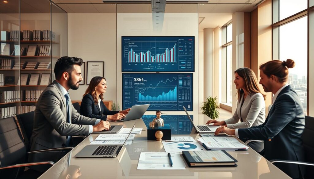 A modern office setting showcasing an economic intelligence agency in action. In the foreground, a diverse group of four professionals in business attire—two men and two women—are engaged in a heated discussion around a sleek conference table with laptops and financial reports spread out. The middle ground features a large digital screen displaying graphs and data analyses, with a stylish modern office design including glass partitions. The background reveals shelves filled with books on economics and business strategy, framed certificates, and a large city skyline visible through floor-to-ceiling windows. Warm, natural light filters in, creating a focused yet inviting atmosphere, emphasizing diligence and professionalism in the field of economic intelligence.