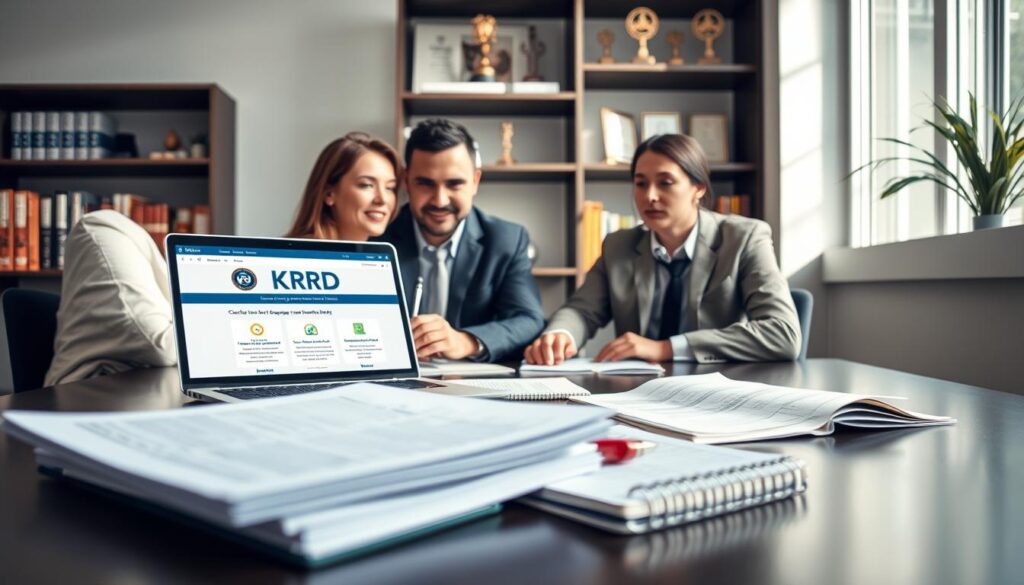 A modern office setting where a professional-looking man and woman are sitting at a table, both dressed in business attire. They are actively engaging with a laptop that displays a webpage with the KRD logo. The foreground features a close-up of documents and a notebook filled with notes, emphasizing the research process. In the middle ground, the laptop screen shows a user-friendly interface, illustrating steps to check a company's credibility in the KRD. The background includes shelves with books and business awards, creating a scholarly atmosphere. Soft natural light filters through a window, casting gentle shadows, evoking a mood of seriousness and diligence in business verification. A modern office setting where a professional-looking man and woman are sitting at a table, both dressed in business attire. They are actively engaging with a laptop that displays a webpage with the KRD logo. The foreground features a close-up of documents and a notebook filled with notes, emphasizing the research process. In the middle ground, the laptop screen shows a user-friendly interface, illustrating steps to check a company's credibility in the KRD. The background includes shelves with books and business awards, creating a scholarly atmosphere. Soft natural light filters through a window, casting gentle shadows, evoking a mood of seriousness and diligence in business verification.