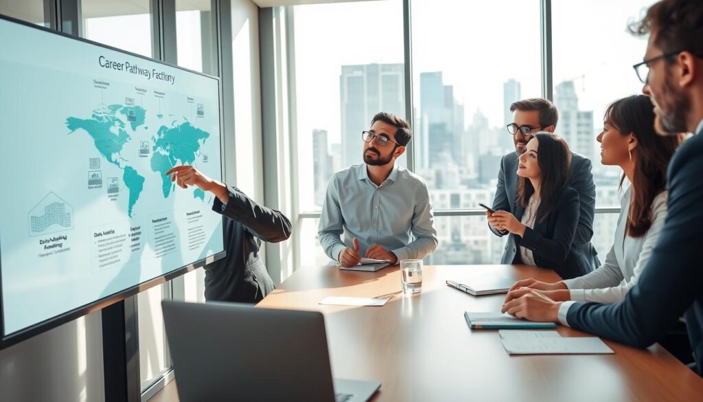 A modern office setting with a diverse group of young professionals gathered around a conference table, actively engaging in a discussion. In the foreground, a confident woman in business attire points at a digital map projected on a screen, showcasing career pathways. In the middle, a man with glasses takes notes, while another colleague gestures towards visuals of job opportunities in fields like data analysis, urban planning, and environmental science. The background features a bright, well-lit office with large windows showing a city skyline, symbolizing growth and ambition. The atmosphere is collaborative and dynamic, highlighting career prospects for mathematics and geography graduates. Soft natural light enhances the professionalism of the scene, focusing on teamwork and innovation. A modern office setting with a diverse group of young professionals gathered around a conference table, actively engaging in a discussion. In the foreground, a confident woman in business attire points at a digital map projected on a screen, showcasing career pathways. In the middle, a man with glasses takes notes, while another colleague gestures towards visuals of job opportunities in fields like data analysis, urban planning, and environmental science. The background features a bright, well-lit office with large windows showing a city skyline, symbolizing growth and ambition. The atmosphere is collaborative and dynamic, highlighting career prospects for mathematics and geography graduates. Soft natural light enhances the professionalism of the scene, focusing on teamwork and innovation.