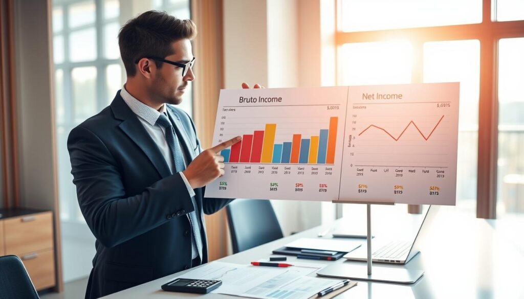 A modern office setting with a focus on two financial charts side by side, one labeled "Brutto Income" and the other "Net Income." The charts display colorful graphs showing contrasting data. In the foreground, a professional businessperson, dressed in smart attire, examines the charts with a thoughtful expression, pointing to specific figures. In the middle ground, a sleek desk cluttered with financial documents, a laptop, and a calculator adds context to the scene. The background features a large window with sunlight streaming in, creating a bright and optimistic atmosphere. The lighting is warm and inviting, enhancing the focus on the important financial concepts being analyzed. The overall mood is one of professionalism and insight, illustrating the importance of understanding gross and net income. A modern office setting with a focus on two financial charts side by side, one labeled "Brutto Income" and the other "Net Income." The charts display colorful graphs showing contrasting data. In the foreground, a professional businessperson, dressed in smart attire, examines the charts with a thoughtful expression, pointing to specific figures. In the middle ground, a sleek desk cluttered with financial documents, a laptop, and a calculator adds context to the scene. The background features a large window with sunlight streaming in, creating a bright and optimistic atmosphere. The lighting is warm and inviting, enhancing the focus on the important financial concepts being analyzed. The overall mood is one of professionalism and insight, illustrating the importance of understanding gross and net income.