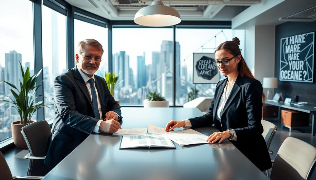 A modern office setting with a professional atmosphere, featuring two business executives engaged in a discussion about the company Oceansapart. The foreground showcases the individuals dressed in sharp business attire, one being a confident middle-aged man with a slight smile and the other a focused young woman with glasses, both examining documents on a sleek conference table. In the middle ground, a large window offers a view of a bustling cityscape, reflecting the dynamic nature of the company. The background includes modern office decor with plants and motivational artwork. The lighting is bright and inviting, emphasizing a collaborative mood. The camera angle is slightly above eye level, capturing both subjects in a balanced composition. A modern office setting with a professional atmosphere, featuring two business executives engaged in a discussion about the company Oceansapart. The foreground showcases the individuals dressed in sharp business attire, one being a confident middle-aged man with a slight smile and the other a focused young woman with glasses, both examining documents on a sleek conference table. In the middle ground, a large window offers a view of a bustling cityscape, reflecting the dynamic nature of the company. The background includes modern office decor with plants and motivational artwork. The lighting is bright and inviting, emphasizing a collaborative mood. The camera angle is slightly above eye level, capturing both subjects in a balanced composition.