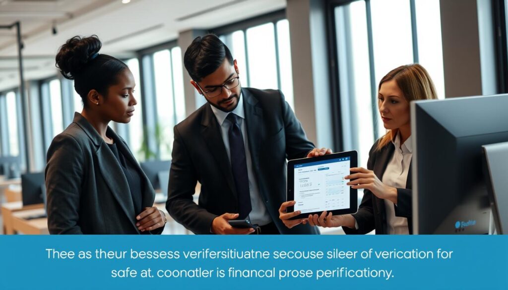A modern office setting with a professional business environment. In the foreground, a diverse group of three professionals – a Black woman, a South Asian man, and a Caucasian woman – are engaged in discussion while reviewing a digital tablet displaying business verification data. They are dressed in smart business attire, exuding professionalism. In the middle ground, a sleek workstation with a desktop computer and financial documents is visible, illustrating a productive workspace. The background features large windows allowing soft, natural light to illuminate the room, creating an inviting atmosphere. The tone of the image is serious yet collaborative, emphasizing the importance of using reliable paid sources for business verification. The overall composition should feel balanced, showcasing technology's role in finance without any text or branding elements.