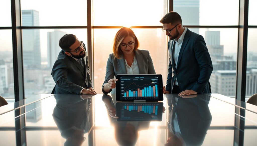 A modern office setting with a sleek conference table in the foreground, where a diverse group of three professionals, two men and one woman, dressed in business attire, are engaged in a discussion. The woman, with short hair and glasses, is pointing to a digital tablet showcasing a graphical analysis of market trends, which represents Tadar’s unique position in the industry. In the middle, a large window lets in warm, natural light, illuminating the group and casting soft shadows. The background features a large city skyline visible through the glass, emphasizing the business theme. The mood is collaborative and dynamic, suggesting innovation and teamwork, with a focus on professionalism and success in the market.