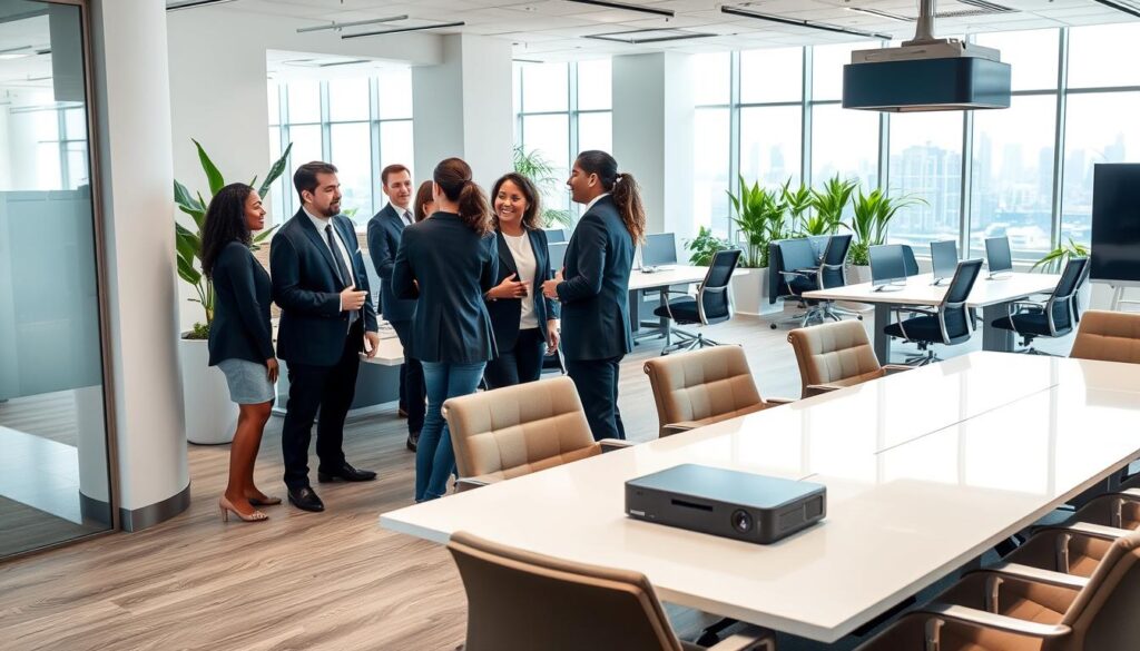 A modern office space available for rent, showcasing a stylish and functional interior design. In the foreground, an elegant meeting room features a large conference table with comfortable chairs, equipped with a projector and a smart board. The middle of the image displays an open-plan workspace with sleek desks, ergonomic chairs, and vibrant indoor plants, emphasizing a collaborative atmosphere. The background reveals large windows that flood the space with natural light, offering a view of a city skyline. The lighting is bright and inviting, creating a professional yet relaxed mood. The scene includes a diverse group of professionals in business attire engaging in discussions, with smiles and focused expressions, capturing the essence of teamwork and productivity.