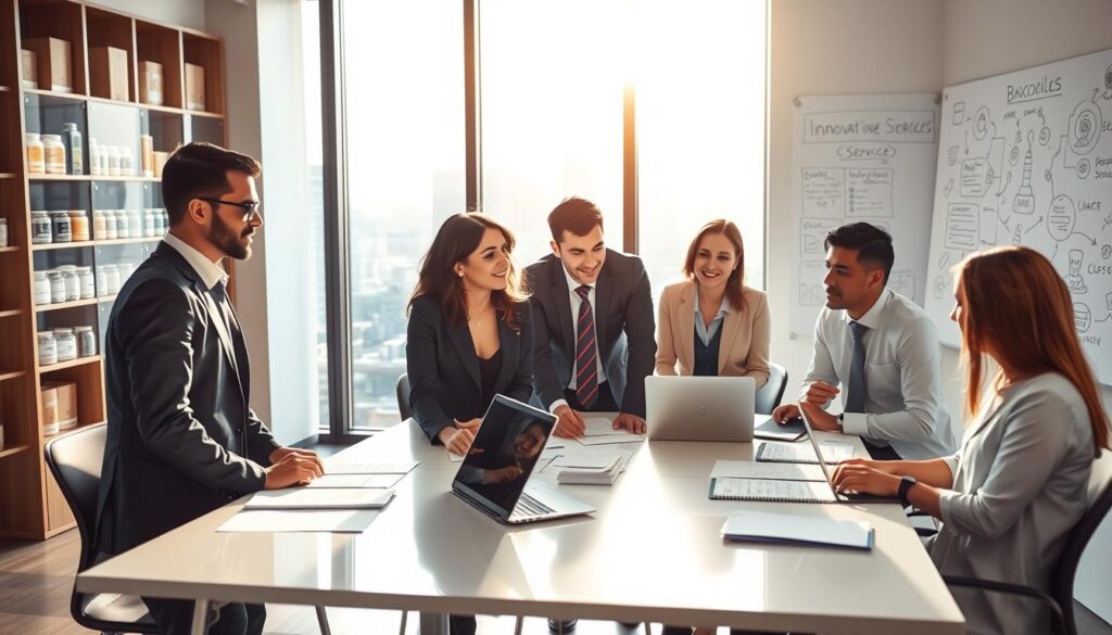 A modern office space vividly showcasing the business activities of Briciole. In the foreground, a diverse group of professional individuals, dressed in smart business attire, collaborates around a sleek conference table filled with documents and laptops. In the middle ground, a large window reveals a bustling cityscape outside, with sunlight filtering in, creating a warm and productive atmosphere. The background features images of Briciole’s products displayed on shelves and a vibrant whiteboard filled with ideas and sketches, emphasizing innovation and service offerings. The lighting is bright yet soft, highlighting the professionals' engaged expressions. The overall mood is dynamic and collaborative, reflecting a contemporary business environment focused on growth and customer service.