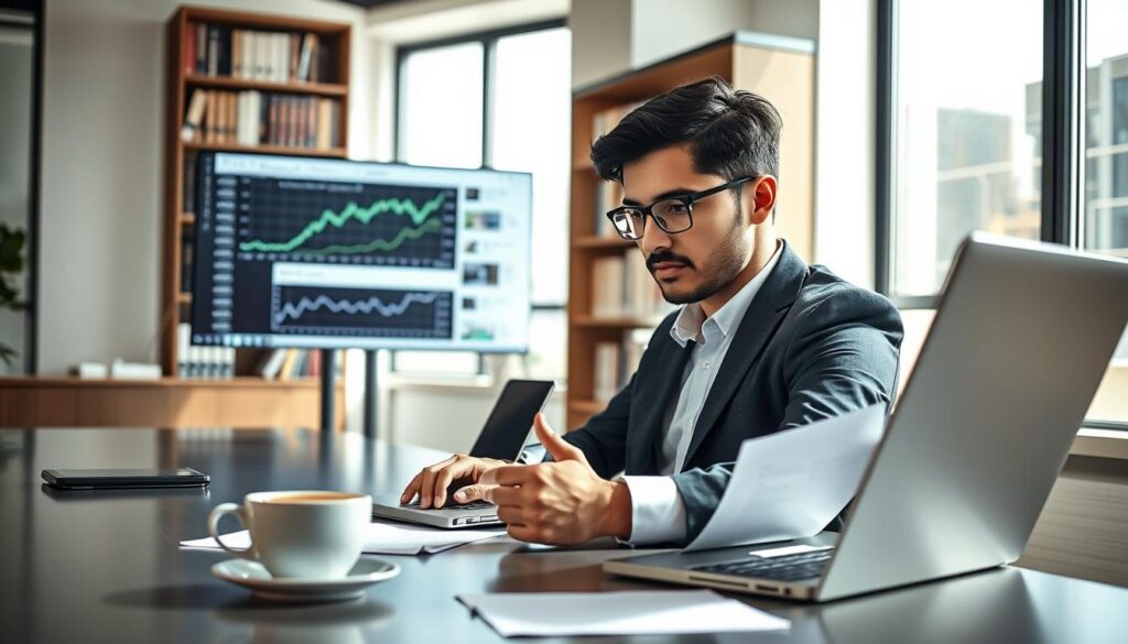 A modern office workspace featuring a professional individual, seated at a sleek desk, intently checking information on a laptop. The person is dressed in smart business attire, showcasing a focused expression. In the foreground, a cup of coffee and some papers are neatly arranged. The middle ground shows a digital screen displaying financial charts and news articles related to business credit and debts. In the background, a bookshelf filled with reference books on finance and business ethics is subtly lit. The scene is well-lit with natural daylight streaming through large windows, creating a bright, encouraging atmosphere. Capture the mood of diligence and thorough investigation, emphasizing the importance of online research in financial verification. A modern office workspace featuring a professional individual, seated at a sleek desk, intently checking information on a laptop. The person is dressed in smart business attire, showcasing a focused expression. In the foreground, a cup of coffee and some papers are neatly arranged. The middle ground shows a digital screen displaying financial charts and news articles related to business credit and debts. In the background, a bookshelf filled with reference books on finance and business ethics is subtly lit. The scene is well-lit with natural daylight streaming through large windows, creating a bright, encouraging atmosphere. Capture the mood of diligence and thorough investigation, emphasizing the importance of online research in financial verification.