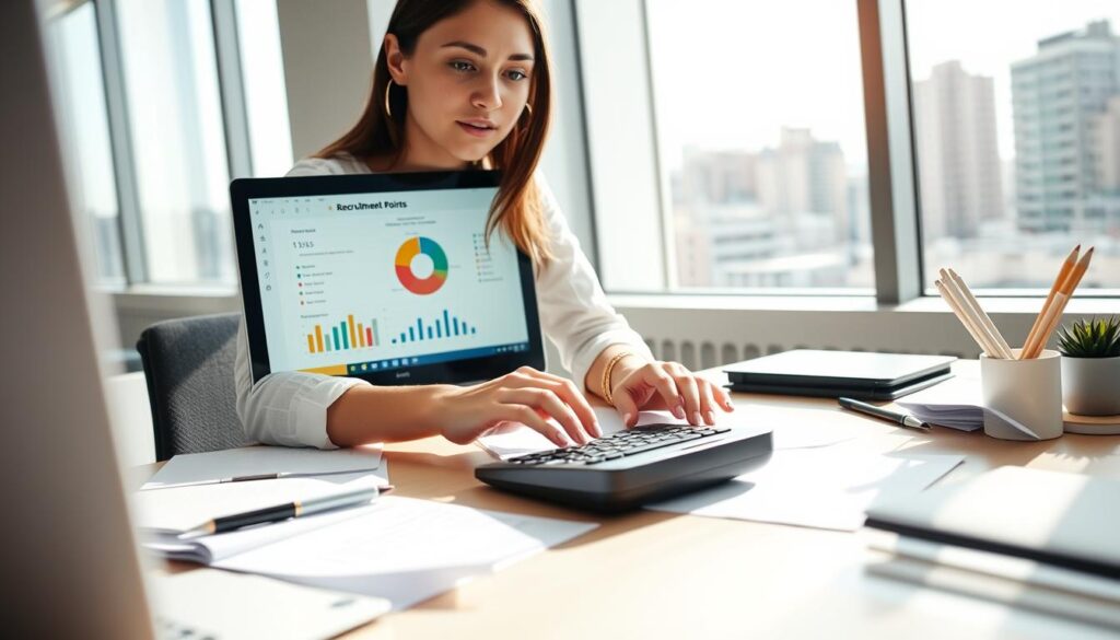 A modern office workspace featuring a professional young woman calculating recruitment points using a laptop. She has a focused expression, surrounded by neatly organized papers and a calculator, with mathematical formulas and charts displayed on the laptop screen. The foreground includes a close-up of her hands typing and a colorful pie chart visible on the laptop, while the middle shows a bright desk with stationery. The background features a large window letting in natural light, casting soft shadows, with an urban skyline visible outside. The atmosphere is serious yet optimistic, conveying a sense of determination and clarity in the recruitment process. A modern office workspace featuring a professional young woman calculating recruitment points using a laptop. She has a focused expression, surrounded by neatly organized papers and a calculator, with mathematical formulas and charts displayed on the laptop screen. The foreground includes a close-up of her hands typing and a colorful pie chart visible on the laptop, while the middle shows a bright desk with stationery. The background features a large window letting in natural light, casting soft shadows, with an urban skyline visible outside. The atmosphere is serious yet optimistic, conveying a sense of determination and clarity in the recruitment process.