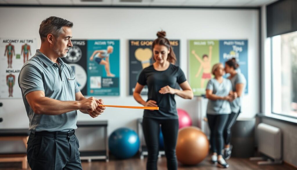 A modern physiotherapy clinic scene, featuring a diverse team of professional physiotherapists assisting patients in their recovery. The foreground shows a male physiotherapist in a smart polo shirt and slacks, demonstrating exercises to an elderly patient using a resistance band. In the middle, a female physiotherapist guides a young athlete through rehabilitative movements, with detailed exercise equipment like balance balls and foam rollers around. The background reveals colorful wall posters about anatomy and fitness tips, with large windows allowing natural light to stream in, creating a warm and inviting atmosphere. Soft focus adds depth, highlighting the dedication and professionalism in this therapeutic environment. The overall mood conveys hope and motivation as patients engage actively in their recovery journey.