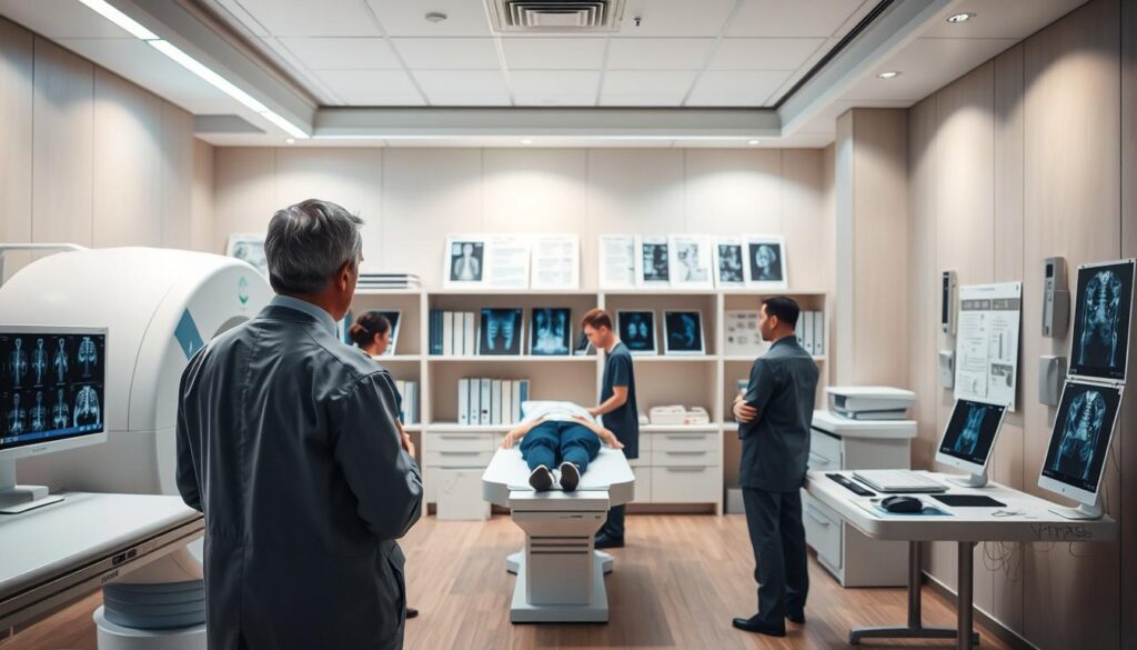 A modern radiology room showcasing various types of radiological examinations. In the foreground, a radiologist in professional attire is examining images on a digital display, surrounded by high-tech equipment like an MRI machine and an X-ray console. In the middle ground, a patient is comfortably positioned for an examination, with medical staff assisting, all depicted in smart, modest attire. The background features shelves filled with medical books and charts detailing different imaging techniques. Soft, overhead lighting creates a warm, welcoming atmosphere, while bright, focused lights illuminate the examination area, emphasizing the importance of radiological studies. The overall mood conveys professionalism and care in a clinical environment.