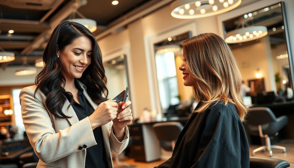 A modern salon interior featuring a professional female hairstylist demonstrating her skills. In the foreground, she is using scissors and combs, intently working on a client’s hair, which is styled to show off vibrant layers. The stylist is dressed in chic, modest business attire, and has a focused, friendly expression. In the middle ground, a stylish hairdressing station with various tools and hair products neatly arranged. In the background, there are large mirrors reflecting the salon’s bright, welcoming atmosphere, enhanced by warm lighting from elegant ceiling fixtures. The overall mood is inspiring and energetic, illustrating the journey of becoming a hairstylist, filled with creativity and professionalism. A modern salon interior featuring a professional female hairstylist demonstrating her skills. In the foreground, she is using scissors and combs, intently working on a client’s hair, which is styled to show off vibrant layers. The stylist is dressed in chic, modest business attire, and has a focused, friendly expression. In the middle ground, a stylish hairdressing station with various tools and hair products neatly arranged. In the background, there are large mirrors reflecting the salon’s bright, welcoming atmosphere, enhanced by warm lighting from elegant ceiling fixtures. The overall mood is inspiring and energetic, illustrating the journey of becoming a hairstylist, filled with creativity and professionalism.
