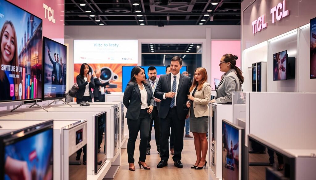 A modern, sleek electronics store showcasing TCL products, with various TCL televisions and appliances displayed prominently in the foreground. In the middle ground, a diverse group of professionals dressed in smart business attire are engaged in a discussion about the features of TCL devices. The background features a polished, contemporary retail environment with bright, soft lighting that highlights the products. The overall atmosphere is informative and positive, conveying a sense of innovation and quality associated with the TCL brand. The image captures the essence of TCL as a leading electronics company, emphasizing its global presence and modern design. The scene is well-composed with a slight depth of field, focusing on the TCL products and the professional interaction in the store.