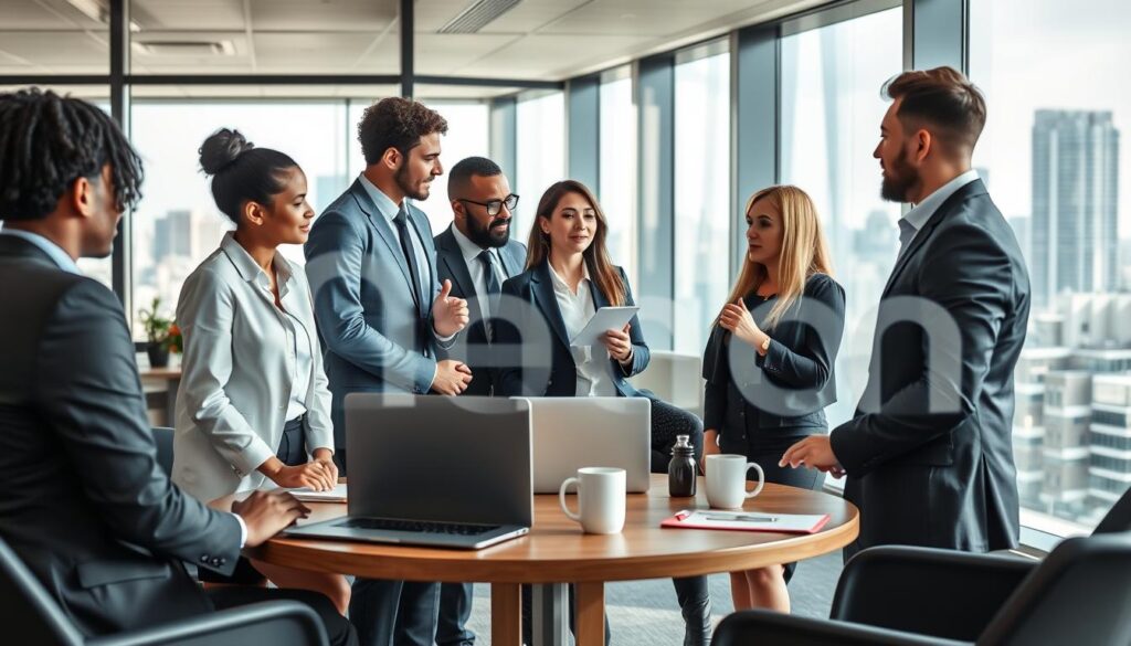 A modern, sleek office environment showcasing a diverse group of professionals engaged in a collaborative discussion about "Bench," dressed in smart business attire. In the foreground, a well-organized round table with laptops, notepads, and coffee mugs, symbolizing teamwork. In the middle ground, the team members are exchanging ideas, with one person gesturing as they speak, and expressions reflecting analysis and enthusiasm. The background features a large window with city skyline views, allowing natural light to flood the room, enhancing the atmosphere of productivity and professionalism. The mood is vibrant and focused, capturing the essence of customer reviews and insights about the company. A modern, sleek office environment showcasing a diverse group of professionals engaged in a collaborative discussion about "Bench," dressed in smart business attire. In the foreground, a well-organized round table with laptops, notepads, and coffee mugs, symbolizing teamwork. In the middle ground, the team members are exchanging ideas, with one person gesturing as they speak, and expressions reflecting analysis and enthusiasm. The background features a large window with city skyline views, allowing natural light to flood the room, enhancing the atmosphere of productivity and professionalism. The mood is vibrant and focused, capturing the essence of customer reviews and insights about the company.