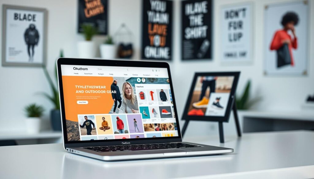 A modern, sleek online shop interface for "Oauthorn", featuring a laptop with a vibrant homepage showcasing stylish athleticwear and outdoor gear. In the foreground, the laptop is open on a clean, minimalist desk with soft lighting illuminating the screen, casting a warm glow. In the middle, a tablet displays various product images, adding depth and a tech-savvy vibe. The background features blurred elements of a contemporary workspace, like potted plants and motivational posters, creating an inviting shopping atmosphere. The overall mood is friendly and professional, aimed at attracting a youthful, active audience, with a focus on innovation and accessibility in online shopping.