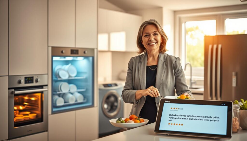 A modern, stylish kitchen scene showcasing a range of Beko appliances in action. In the foreground, a satisfied customer, a middle-aged woman in professional attire, is cooking a healthy meal using a Beko oven and smart refrigerator. In the middle background, a sleek dishwasher is visible, with sparkling clean dishes neatly arranged inside. The lighting is warm and inviting, accentuating the clean lines and contemporary design of the kitchen. Natural sunlight filters in through a window, creating a bright and positive atmosphere. On the counter, a digital device displays customer reviews and ratings, subtly hinting at the opinions of Beko's products without using actual text. The mood should be upbeat and consumer-friendly, illustrating trust and satisfaction with Beko appliances. A modern, stylish kitchen scene showcasing a range of Beko appliances in action. In the foreground, a satisfied customer, a middle-aged woman in professional attire, is cooking a healthy meal using a Beko oven and smart refrigerator. In the middle background, a sleek dishwasher is visible, with sparkling clean dishes neatly arranged inside. The lighting is warm and inviting, accentuating the clean lines and contemporary design of the kitchen. Natural sunlight filters in through a window, creating a bright and positive atmosphere. On the counter, a digital device displays customer reviews and ratings, subtly hinting at the opinions of Beko's products without using actual text. The mood should be upbeat and consumer-friendly, illustrating trust and satisfaction with Beko appliances.