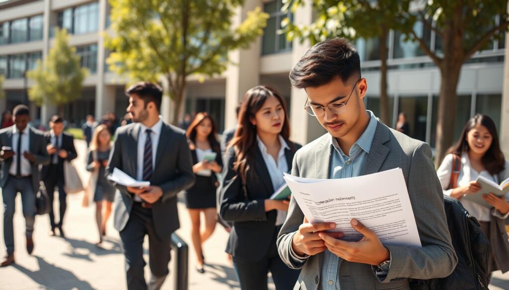 A modern university campus during a sunny day, featuring a diverse group of students in professional business attire, engaged in discussions. In the foreground, a student with a laptop is studying requirements printed on paper, deeply focused. The middle ground showcases other students walking, some carrying textbooks and bags, depicting a lively academic atmosphere. In the background, a contemporary building with large windows signifies a university. Soft natural lighting illuminates the scene, casting gentle shadows. The mood is inspirational and energetic, highlighting the pursuit of knowledge and the distinctiveness of higher education requirements. The angle is slightly elevated, providing a clear view of the bustling campus life without any text or distractions.