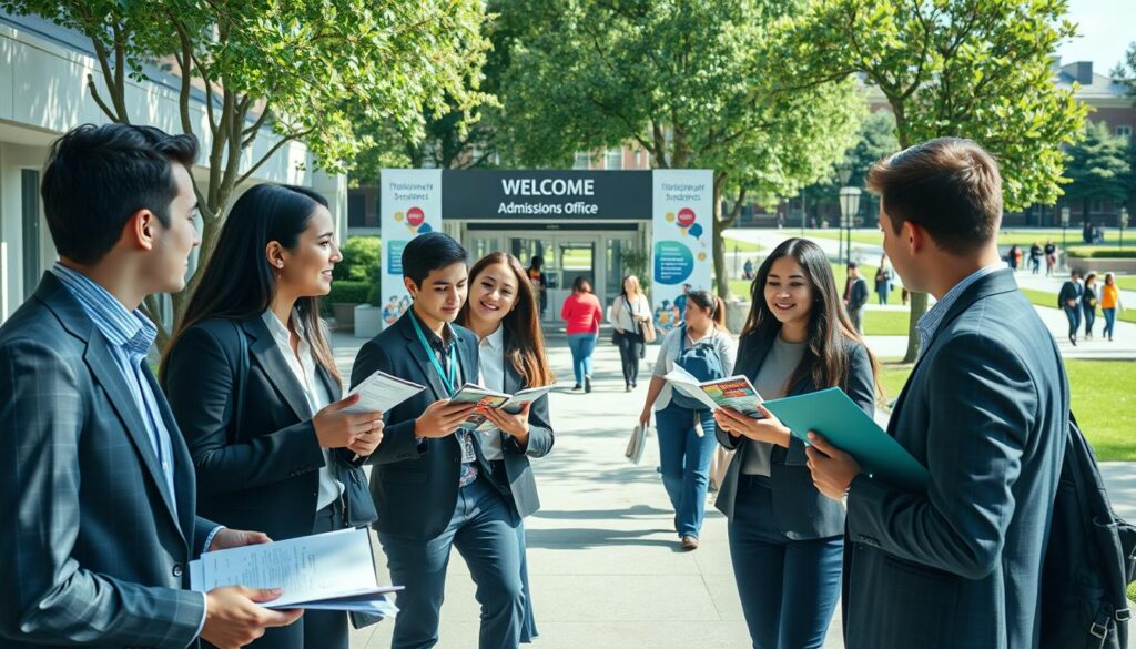 A modern university campus scene focusing on the recruitment process for students. In the foreground, a diverse group of young adults, dressed in professional business attire, are engaged in conversation and examining informational pamphlets about studies. In the middle ground, a welcoming admissions office with friendly staff is visible, surrounded by banners promoting various academic programs. The background depicts a beautiful campus with trees, pathways, and students walking, giving a sense of activity and engagement. The lighting is bright and inviting, suggesting a sunny day, with soft shadows adding depth. Shot with a wide-angle lens to capture the lively atmosphere and encouraging ambiance of higher education recruitment.