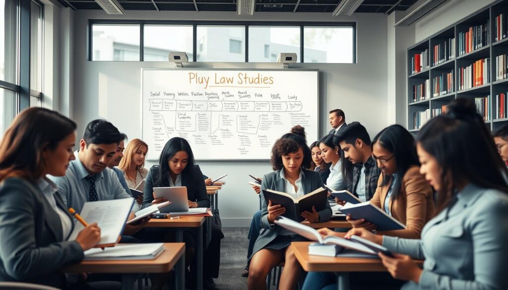 A modern university classroom setting, featuring a diverse group of students engaged in a legal studies seminar. In the foreground, focused individuals are taking notes and discussing legal books, dressed in professional business attire. The middle ground showcases a large whiteboard filled with timelines and concepts related to the duration of law studies. In the background, large windows allow natural light to flood the room, highlighting the academic environment. Soft shadows create a warm and inviting atmosphere, with bookshelves lined with legal literature. The camera angle is slightly elevated, capturing the dynamic interaction among students, while maintaining a sense of professionalism and seriousness about the educational journey in law. A modern university classroom setting, featuring a diverse group of students engaged in a legal studies seminar. In the foreground, focused individuals are taking notes and discussing legal books, dressed in professional business attire. The middle ground showcases a large whiteboard filled with timelines and concepts related to the duration of law studies. In the background, large windows allow natural light to flood the room, highlighting the academic environment. Soft shadows create a warm and inviting atmosphere, with bookshelves lined with legal literature. The camera angle is slightly elevated, capturing the dynamic interaction among students, while maintaining a sense of professionalism and seriousness about the educational journey in law.