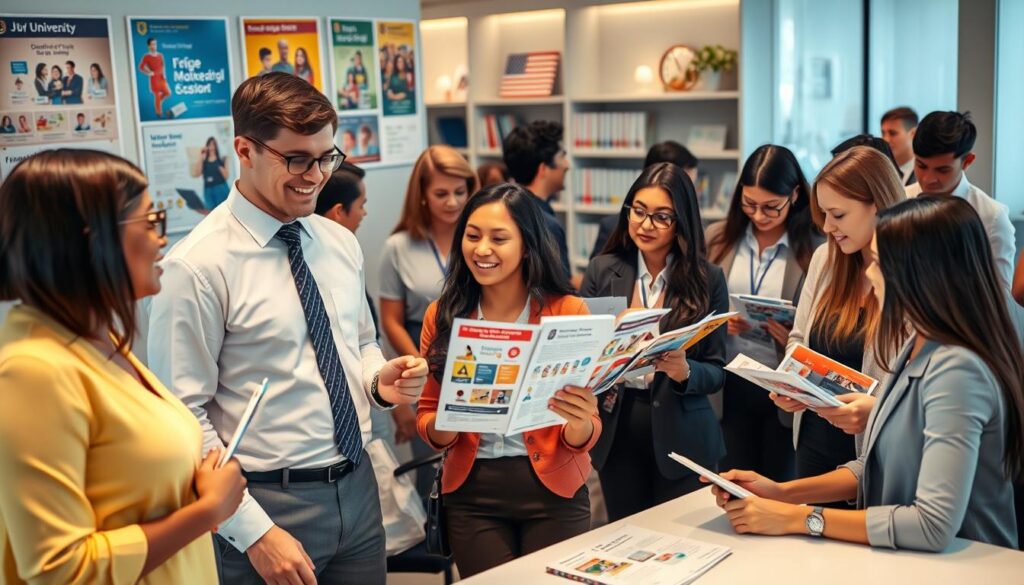A modern university recruitment office scene, showcasing a diverse group of young adults in professional business attire, engaged in discussions with knowledgeable staff. In the foreground, a friendly advisor with glasses is presenting university brochures to a hopeful student, surrounded by colorful posters promoting various academic programs. The middle ground features more students reviewing application forms and pamphlets at sleek tables, highlighting a dynamic atmosphere of collaboration. The background includes shelves filled with books and university memorabilia, under soft, warm lighting that creates an inviting mood. The wide-angle perspective captures the hustle and bustle of the recruitment process, emphasizing a sense of opportunity and excitement for prospective students.