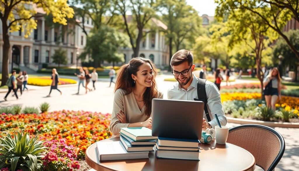 A modern university setting showcasing a group of diverse students engaged in vibrant discussions. In the foreground, a male and female student, both in professional attire, are animatedly talking over a stack of textbooks and a laptop on a cafe table. The middle ground features a sunny campus landscape, with colorful flower beds and students walking in the background. Surround the scene with university buildings that embody a blend of classical and contemporary architecture. Soft, natural lighting filters through surrounding trees, creating a warm and inviting atmosphere. Capture the essence of pursuing a bachelor's degree with an emphasis on collaboration, learning, and academic growth. Use a wide-angle lens to encompass the hustle of student life while keeping the focus on the engaged students in the foreground. A modern university setting showcasing a group of diverse students engaged in vibrant discussions. In the foreground, a male and female student, both in professional attire, are animatedly talking over a stack of textbooks and a laptop on a cafe table. The middle ground features a sunny campus landscape, with colorful flower beds and students walking in the background. Surround the scene with university buildings that embody a blend of classical and contemporary architecture. Soft, natural lighting filters through surrounding trees, creating a warm and inviting atmosphere. Capture the essence of pursuing a bachelor's degree with an emphasis on collaboration, learning, and academic growth. Use a wide-angle lens to encompass the hustle of student life while keeping the focus on the engaged students in the foreground.
