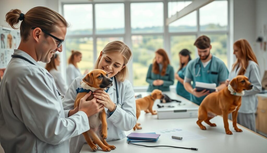 A modern veterinary school setting in Poland, showing a diverse group of students engaged in hands-on learning with various animals, such as dogs, cats, and farm animals. In the foreground, a female student in professional attire gently examines a puppy, while a male student assists, both smiling and focused. The middle ground features a lab with veterinary equipment, charts of animal anatomy on the walls, and other students collaborating over case studies. In the background, large windows let in bright, natural light, revealing a picturesque view of a lush green campus. The atmosphere is dynamic and enthusiastic, capturing the passion for veterinary medicine and animal care. Soft, warm lighting enhances the welcoming environment, with a shallow depth of field focusing on the students' interactions.