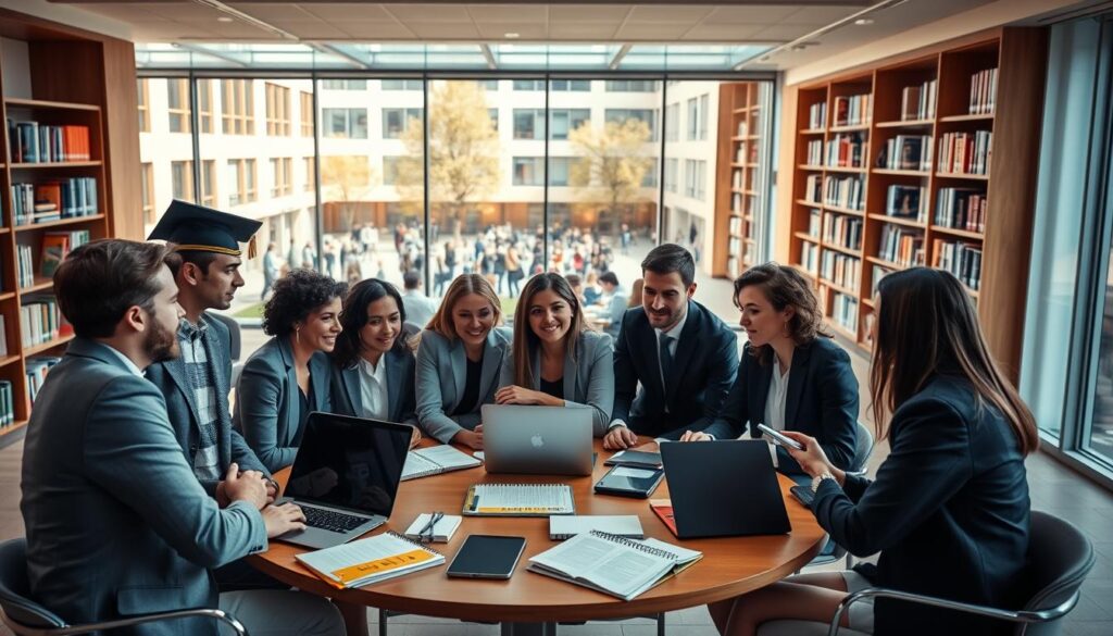 A modern, vibrant university setting illustrating the concept of "studia niestacjonarne" (part-time studies). In the foreground, a diverse group of students in professional business attire engaged in a lively discussion, seated at a circular table with laptops and notebooks scattered around. In the middle ground, shelves filled with books and educational materials, conveying a sense of academic environment. The background features large windows letting in natural light, with a view of a campus courtyard bustling with activity. Soft, warm lighting creates an inviting atmosphere, while a wide-angle lens captures the spirit of collaboration and learning among students. The mood is focused and enthusiastic, showcasing the essence of flexible education. A modern, vibrant university setting illustrating the concept of "studia niestacjonarne" (part-time studies). In the foreground, a diverse group of students in professional business attire engaged in a lively discussion, seated at a circular table with laptops and notebooks scattered around. In the middle ground, shelves filled with books and educational materials, conveying a sense of academic environment. The background features large windows letting in natural light, with a view of a campus courtyard bustling with activity. Soft, warm lighting creates an inviting atmosphere, while a wide-angle lens captures the spirit of collaboration and learning among students. The mood is focused and enthusiastic, showcasing the essence of flexible education.