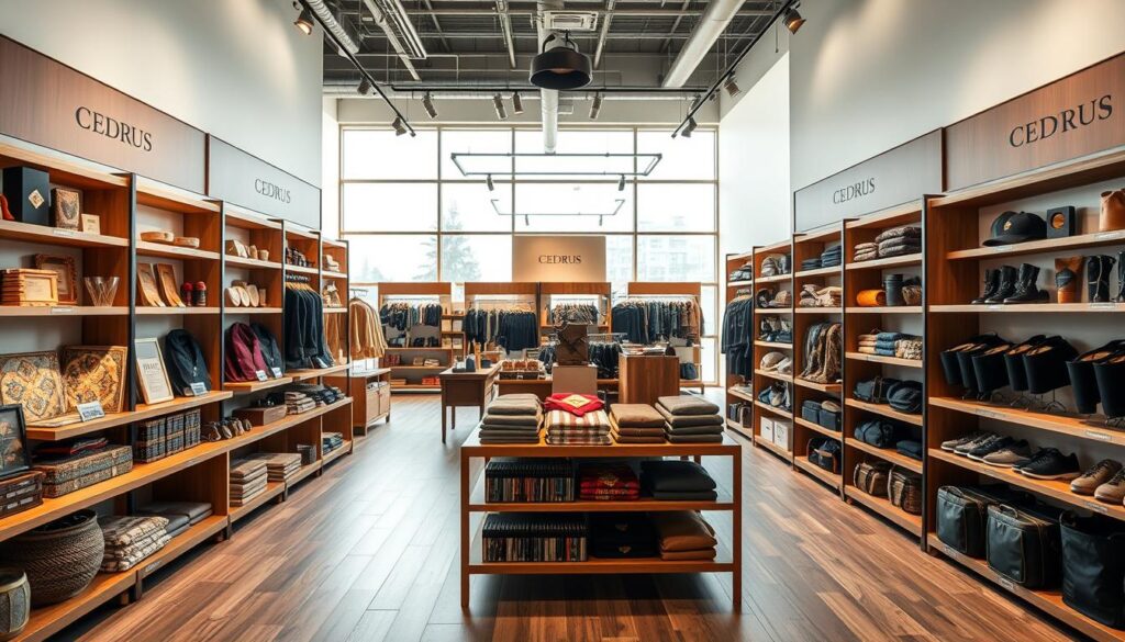 A modern, well-organized display of a diverse selection of products from "Cedrus," elegantly arranged on wooden shelves in a bright, inviting store. In the foreground, showcase a few premium items like home goods and textiles, with intricate designs and vibrant colors. The middle ground features neatly labeled sections of various product categories, including outdoor equipment and lifestyle accessories, each thoughtfully styled to convey quality and functionality. The background presents expansive windows allowing natural light to flood the interior, creating a warm and welcoming atmosphere. The overall mood is professional yet approachable, emphasizing the brand's high-quality offerings. Use soft, diffused lighting to enhance the appeal and a wide-angle perspective to capture the breadth of the store's inventory. A modern, well-organized display of a diverse selection of products from "Cedrus," elegantly arranged on wooden shelves in a bright, inviting store. In the foreground, showcase a few premium items like home goods and textiles, with intricate designs and vibrant colors. The middle ground features neatly labeled sections of various product categories, including outdoor equipment and lifestyle accessories, each thoughtfully styled to convey quality and functionality. The background presents expansive windows allowing natural light to flood the interior, creating a warm and welcoming atmosphere. The overall mood is professional yet approachable, emphasizing the brand's high-quality offerings. Use soft, diffused lighting to enhance the appeal and a wide-angle perspective to capture the breadth of the store's inventory.
