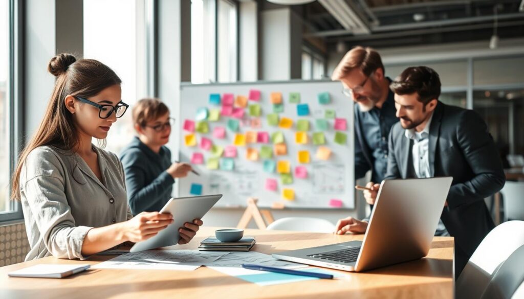 A modern workspace featuring a diverse group of four professionals collaborating on UX design. In the foreground, a young woman with glasses sketches user interface designs on a tablet, while a middle-aged man reviews wireframes on a laptop. In the middle, a whiteboard covered with colorful post-it notes and diagrams showcases ideas and feedback. The background features large windows allowing natural light to spill in, creating a bright and inviting atmosphere. The team is dressed in smart casual attire, exuding a blend of creativity and professionalism. The overall mood is focused and dynamic, emphasizing teamwork and innovation in UX design, captured with a slight depth of field effect to draw attention to the group.