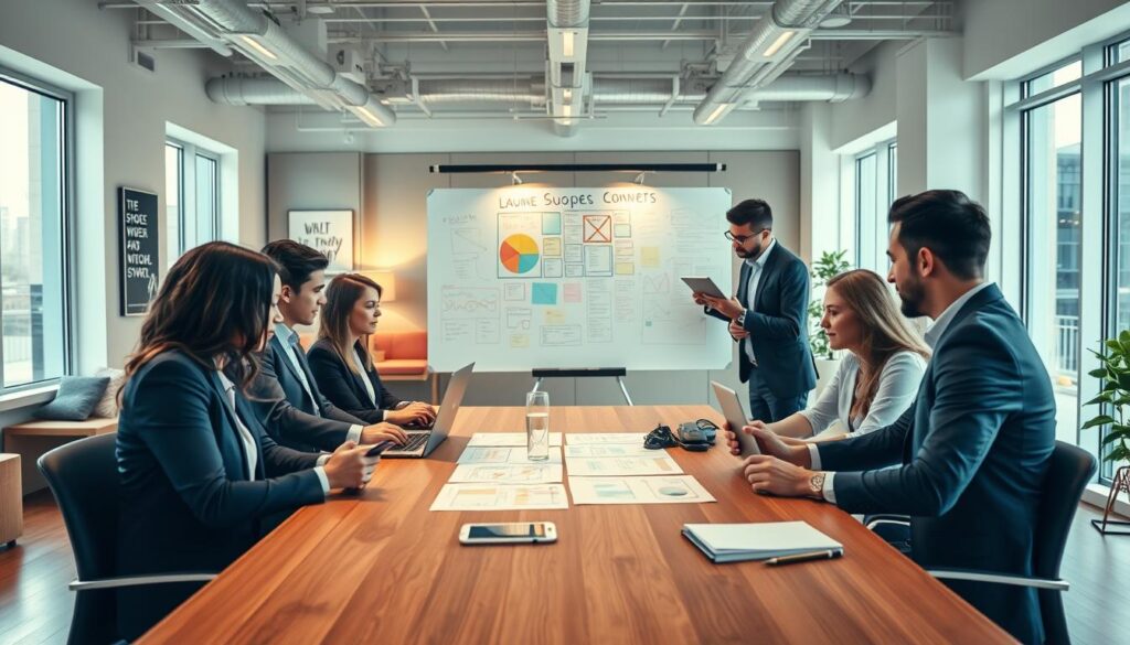 A modern workspace illustrating the concept of launching an online business. In the foreground, a diverse group of professionals in business attire collaborates around a sleek, wooden table, reviewing plans on laptops and digital tablets. The middle ground features a large whiteboard filled with colorful diagrams and brainstorming notes, symbolizing strategic planning. The background showcases a well-lit office environment with motivational posters and a cozy seating area. Bright, natural light filters through large windows, creating an inviting atmosphere that inspires creativity and focus. The mood is energetic and professional, capturing the excitement of starting a new venture. The angle of the shot is slightly above eye level, providing a comprehensive view of the interaction and workspace setup. A modern workspace illustrating the concept of launching an online business. In the foreground, a diverse group of professionals in business attire collaborates around a sleek, wooden table, reviewing plans on laptops and digital tablets. The middle ground features a large whiteboard filled with colorful diagrams and brainstorming notes, symbolizing strategic planning. The background showcases a well-lit office environment with motivational posters and a cozy seating area. Bright, natural light filters through large windows, creating an inviting atmosphere that inspires creativity and focus. The mood is energetic and professional, capturing the excitement of starting a new venture. The angle of the shot is slightly above eye level, providing a comprehensive view of the interaction and workspace setup.