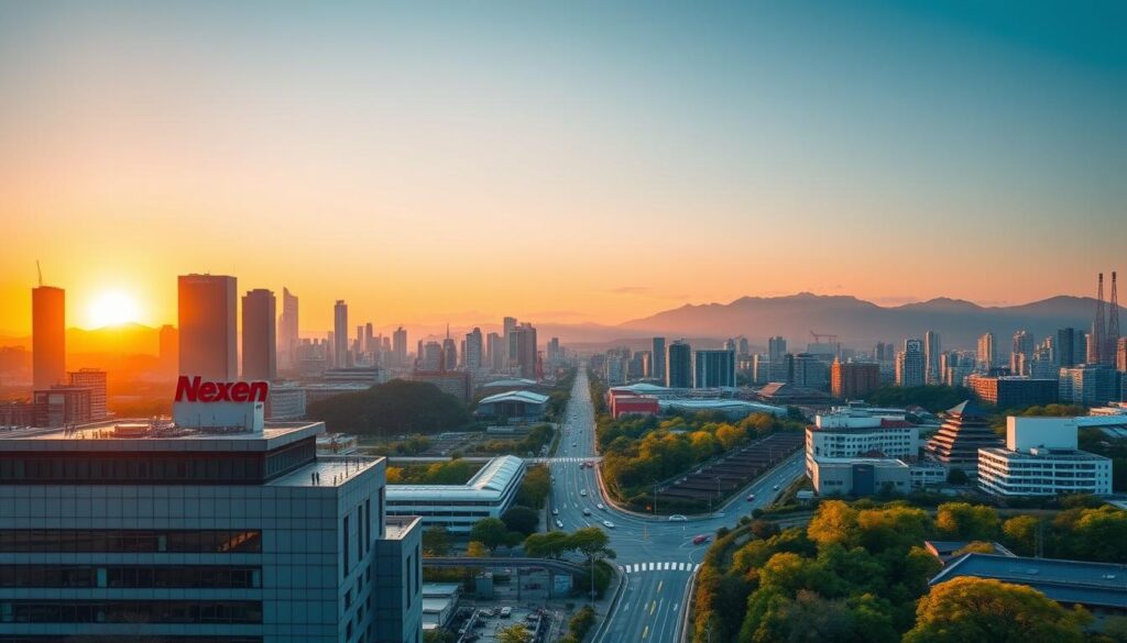 A panoramic view of South Korea's industrial landscape at sunset, showcasing the modern skyline of Seoul with sleek skyscrapers and traditional elements like palaces nestled among greenery. In the foreground, depict a corporate headquarters with the Nexen logo prominently displayed, emphasizing the company's presence. The middle section includes bustling streets with professionals in business attire, conveying a sense of economic vitality and innovation. In the background, majestic mountains silhouetted against a dusky sky add depth and serenity. Use warm, golden lighting to create an inviting atmosphere, captured with a wide-angle lens to enhance the grandeur of the scene, evoking a blend of modernity and tradition that reflects Nexen's origins. The overall mood should be vibrant and optimistic, representing growth and potential.