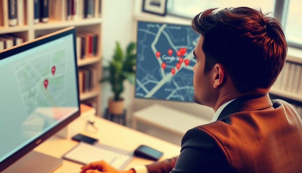 A person in professional business attire is sitting at a desk, looking intently at a computer screen displaying a Google Maps interface. The foreground features the person with a focused expression, emphasizing a moment of concentration. In the middle ground, the computer screen shows an overlay of maps with markers indicating businesses, hinting at a process of blocking a listing. The background includes a neatly organized office with bookshelves and soft lighting creating a calm and professional atmosphere. The scene is captured in a slight overhead angle, with warm, inviting lighting that conveys determination and professionalism, suitable for illustrating the steps involved in managing Google Maps listings.