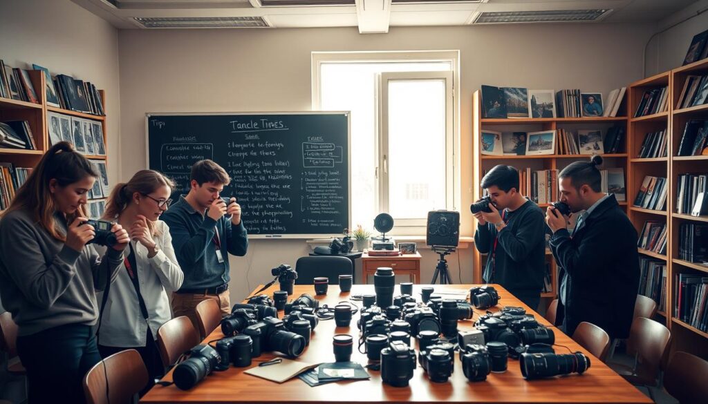 A photography school classroom setting filled with students engaged in various activities. In the foreground, a diverse group of four students, dressed in professional attire, examine their DSLR cameras and discuss techniques. In the middle, a large window allowing natural light to flood in, illuminating a blackboard covered with photography tips. A well-organized table nearby displays a variety of cameras and lenses, showcasing different photography equipment. In the background, shelves filled with photography books and printed photographs, creating an inspiring atmosphere. The warm lighting enhances the mood of creativity and learning, while the overall composition emphasizes a collaborative environment where aspiring photographers can flourish. A photography school classroom setting filled with students engaged in various activities. In the foreground, a diverse group of four students, dressed in professional attire, examine their DSLR cameras and discuss techniques. In the middle, a large window allowing natural light to flood in, illuminating a blackboard covered with photography tips. A well-organized table nearby displays a variety of cameras and lenses, showcasing different photography equipment. In the background, shelves filled with photography books and printed photographs, creating an inspiring atmosphere. The warm lighting enhances the mood of creativity and learning, while the overall composition emphasizes a collaborative environment where aspiring photographers can flourish.