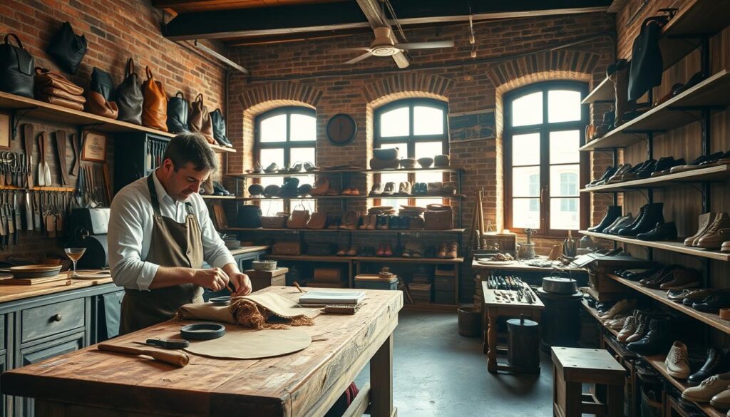 A picturesque Italian artisan workshop, showcasing traditional craftsmanship in a warm, inviting atmosphere. In the foreground, a skilled artisan, dressed in modest, professional clothing, is intricately shaping leather with tools on a rustic wooden table. The middle ground features shelves filled with various handcrafted leather goods like bags, belts, and shoes, each displaying the meticulous artistry of Italian craftsmanship. In the background, exposed brick walls and soft, golden lighting enhance the ambiance, with large windows allowing natural light to pour in, illuminating the dust motes in the air. The scene evokes a sense of heritage, skill, and passionate dedication to the craft, inviting the viewer to explore the rich history of Italian artisanal traditions. A picturesque Italian artisan workshop, showcasing traditional craftsmanship in a warm, inviting atmosphere. In the foreground, a skilled artisan, dressed in modest, professional clothing, is intricately shaping leather with tools on a rustic wooden table. The middle ground features shelves filled with various handcrafted leather goods like bags, belts, and shoes, each displaying the meticulous artistry of Italian craftsmanship. In the background, exposed brick walls and soft, golden lighting enhance the ambiance, with large windows allowing natural light to pour in, illuminating the dust motes in the air. The scene evokes a sense of heritage, skill, and passionate dedication to the craft, inviting the viewer to explore the rich history of Italian artisanal traditions.
