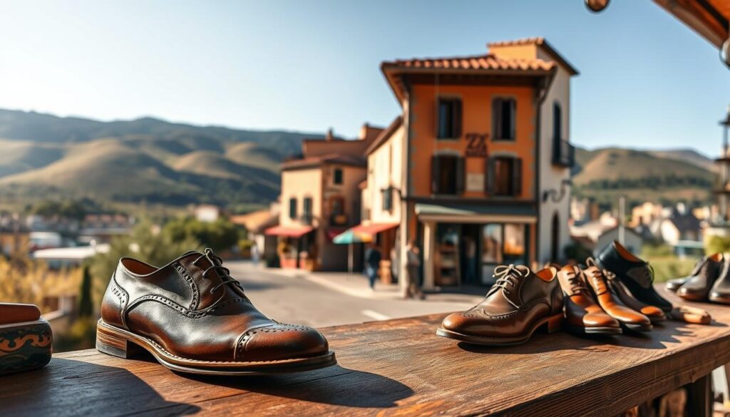 A picturesque landscape highlighting the essence of the Zapato brand's origin. In the foreground, a traditional cobbler workshop with elegant leather shoes on display, showcasing craftsmanship. The middle ground features a charming street lined with colorful storefronts, revealing hints of Zapato's heritage. In the background, a scenic view of rolling hills or mountains, suggesting a European countryside, with a clear blue sky. Soft, natural lighting illuminates the scene, creating a warm and inviting atmosphere. A wide-angle lens perspective captures the intricate details of the workshop and the vibrant street, evoking a sense of authenticity and tradition associated with Zapato. The mood is serene and professional, perfect for illustrating the brand's origin.