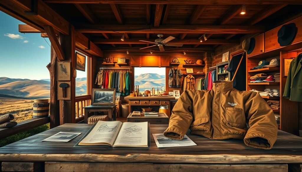 A picturesque scene depicting the evolution of the Highland Creek brand, focusing on its rich history and growth. In the foreground, a classic Highland Creek jacket is displayed on a wooden table, surrounded by sketches and historical photographs showcasing the brand’s milestones. The middle ground features a vintage shop with rustic elements, showcasing outdoor apparel and gear, illuminated by soft, warm lighting to create an inviting atmosphere. In the background, a serene Highland landscape with rolling hills and a clear blue sky emphasizes the brand's outdoor heritage. The scene suggests a tranquil yet vibrant feeling of adventure and exploration, capturing the essence of Highland Creek’s journey through time. The angle is slightly elevated, providing a comprehensive view of the setting without any text or distractions.