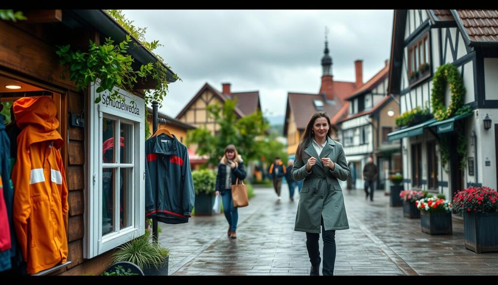 A picturesque scene showcasing the origins of the Schmuddelwedda brand, featuring a vibrant, charming outdoor setting in northern Germany. In the foreground, a quaint, rustic-style shop with wooden elements displays colorful rain jackets, symbolizing the brand's focus on outerwear. The shop is adorned with greenery, showcasing local flora. In the middle ground, pedestrians dressed in stylish yet practical attire walk by, enjoying a light drizzle, encapsulating the functional beauty of Schmuddelwedda's products. The background features a soft-focus view of traditional German architecture, under a cloudy sky, evoking a cozy atmosphere typical of the region. The lighting is soft and natural, suggesting an overcast day, ideal for showcasing the brand’s commitment to weather-appropriate clothing. The overall mood is inviting and authentic, celebrating the essence of the company's heritage.