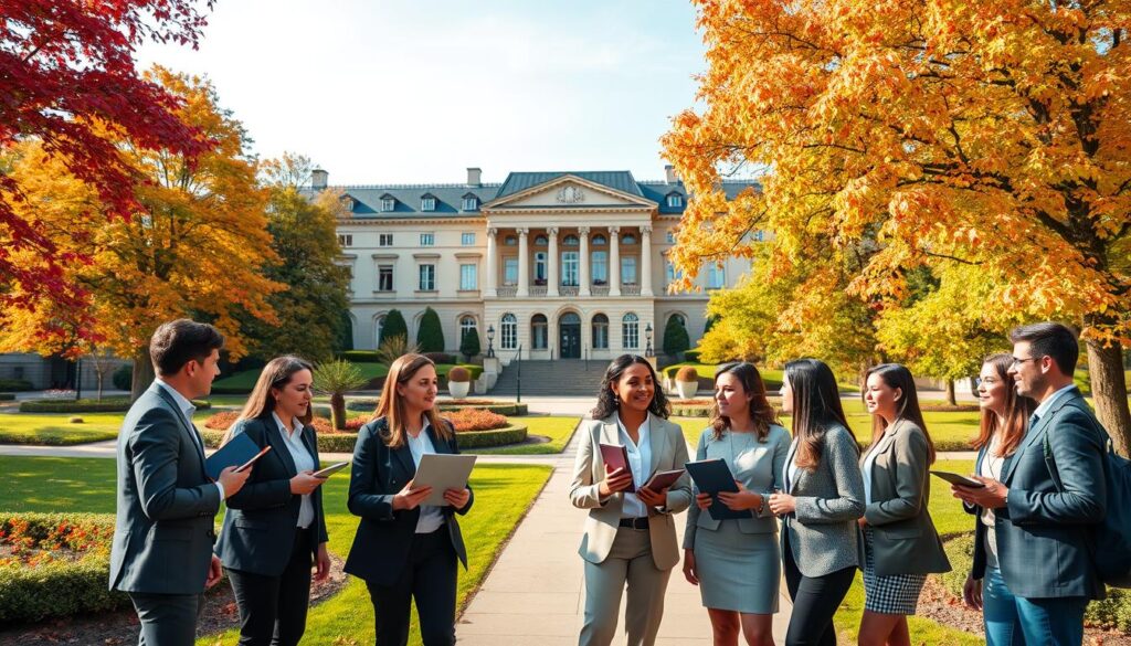 A picturesque university campus in Poland during autumn, showcasing vibrant foliage. In the foreground, a group of diverse students, dressed in professional business attire, are engaged in a lively discussion while holding books and laptops, symbolizing the study environment. The middle ground features a grand university building with classic architecture, surrounded by well-maintained gardens. In the background, a clear blue sky contrasts with the warm colors of the leaves, creating a serene and inviting atmosphere. Soft, natural lighting enhances the scene, highlighting the students' expressions of determination and collaboration. Capture this dynamic moment from a slightly elevated angle to provide a comprehensive view of both the students and the majestic campus, evoking a sense of academic pursuit and community.