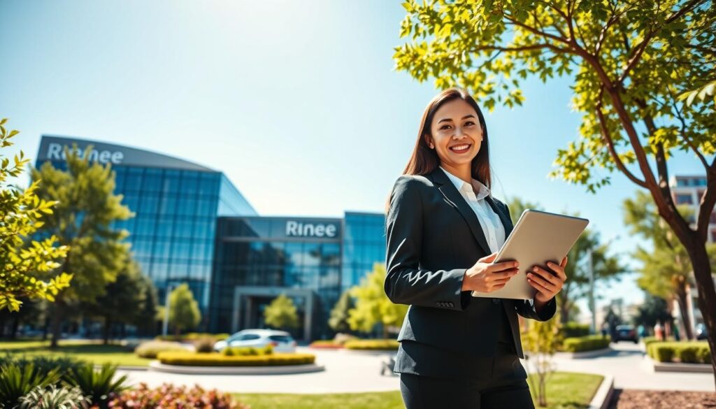 A picturesque view of a modern corporate office building representing the Renee company headquarters, set against a clear blue sky. In the foreground, a professional-looking woman in formal business attire holds a tablet, symbolizing leadership and innovation. She stands confidently, surrounded by lush greenery and well-kept landscaping. In the middle ground, the architectural design of the office building is sleek and contemporary, featuring large glass windows reflecting the sunlight. The background showcases a bustling urban environment with subtle hints of city life, like vehicles and pedestrians. The lighting is bright and natural, evoking a sense of success and professionalism, while the atmosphere is one of ambition and forward-thinking.