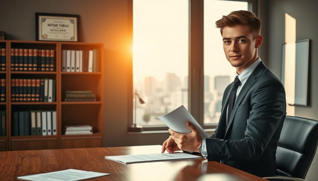 A polished office setting showcasing an aspiring notary public. In the foreground, a young professional in business attire confidently reviews legal documents on a sleek wooden desk. The middle ground features a well-organized bookshelf lined with law books and a framed certificate on the wall indicating notary qualifications. Soft, natural lighting streams through a large window, casting a warm glow across the scene, evoking a sense of achievement and professionalism. In the background, a cityscape can be faintly seen through the window, symbolizing opportunity and ambition. The overall mood is inspiring and focused, reflecting a serious dedication to the profession of notary public.