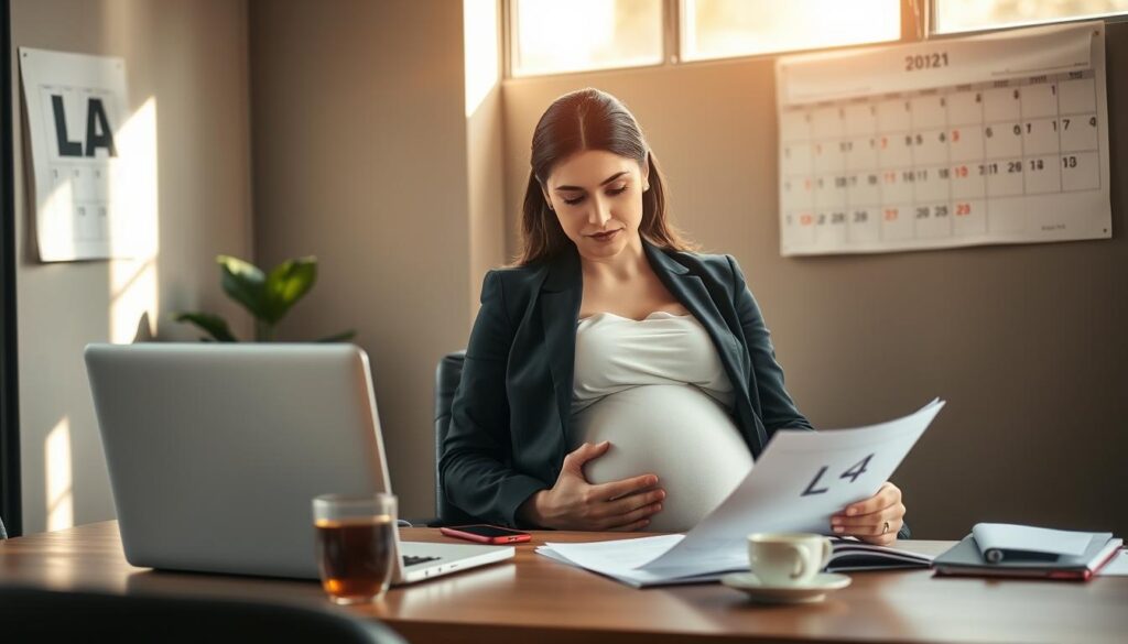 A pregnant woman in professional attire, seated at a desk in a modern office environment, appears contemplative while examining a document labeled "L4." The foreground features a laptop and a cup of herbal tea, hinting at a peaceful atmosphere. In the middle, the woman's expression reflects focus and determination, showcasing her rounded belly subtly through a fitted blazer. The background contains a wall-mounted calendar with marked dates, suggesting an ongoing work context, while warm, natural light streams through a window, casting soft shadows that convey a sense of a calm, productive day. The overall mood is insightful and empowering, depicting the balance between work and pregnancy. A pregnant woman in professional attire, seated at a desk in a modern office environment, appears contemplative while examining a document labeled "L4." The foreground features a laptop and a cup of herbal tea, hinting at a peaceful atmosphere. In the middle, the woman's expression reflects focus and determination, showcasing her rounded belly subtly through a fitted blazer. The background contains a wall-mounted calendar with marked dates, suggesting an ongoing work context, while warm, natural light streams through a window, casting soft shadows that convey a sense of a calm, productive day. The overall mood is insightful and empowering, depicting the balance between work and pregnancy.