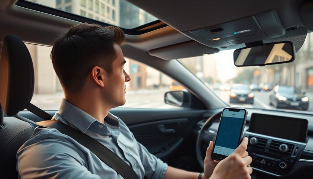 A professional Uber driver in a modern vehicle, focused and attentive while driving through a well-lit urban environment. In the foreground, the driver is wearing a neatly tucked-in shirt and a seatbelt, showcasing safety compliance. The middle ground features the interior of the car, with a smartphone mounted on the dashboard displaying the Uber app, emphasizing the tech-savvy aspect of driving for Uber. The background shows city streets with clear signage and light traffic, suggesting an organized urban setting. Soft, natural lighting filters through the car windows, enhancing a sense of safety and professionalism. The overall atmosphere is calm and focused, highlighting the importance of safety in the ride-sharing industry. A professional Uber driver in a modern vehicle, focused and attentive while driving through a well-lit urban environment. In the foreground, the driver is wearing a neatly tucked-in shirt and a seatbelt, showcasing safety compliance. The middle ground features the interior of the car, with a smartphone mounted on the dashboard displaying the Uber app, emphasizing the tech-savvy aspect of driving for Uber. The background shows city streets with clear signage and light traffic, suggesting an organized urban setting. Soft, natural lighting filters through the car windows, enhancing a sense of safety and professionalism. The overall atmosphere is calm and focused, highlighting the importance of safety in the ride-sharing industry.