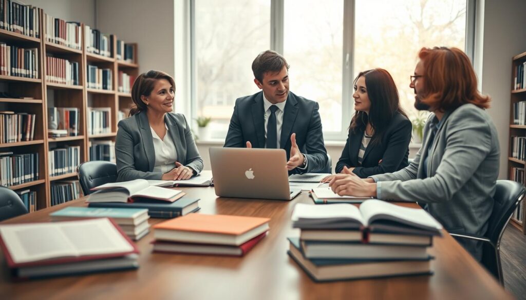 A professional academic setting inside a university office, showcasing a diverse group of scholars (two women and one man) engaged in a discussion about selecting a doctoral supervisor. The foreground features a large wooden table with books, research papers, and a laptop open to a digital document. In the middle ground, the three scholars are animatedly discussing, dressed in smart business attire, with expressions of focus and collaboration. The background displays shelves filled with academic journals and a large window letting in soft, natural light, creating a warm atmosphere. The overall mood is one of determination and intellectual engagement, with a slight depth of field to emphasize the scholars at the table while softly blurring the background. A professional academic setting inside a university office, showcasing a diverse group of scholars (two women and one man) engaged in a discussion about selecting a doctoral supervisor. The foreground features a large wooden table with books, research papers, and a laptop open to a digital document. In the middle ground, the three scholars are animatedly discussing, dressed in smart business attire, with expressions of focus and collaboration. The background displays shelves filled with academic journals and a large window letting in soft, natural light, creating a warm atmosphere. The overall mood is one of determination and intellectual engagement, with a slight depth of field to emphasize the scholars at the table while softly blurring the background.