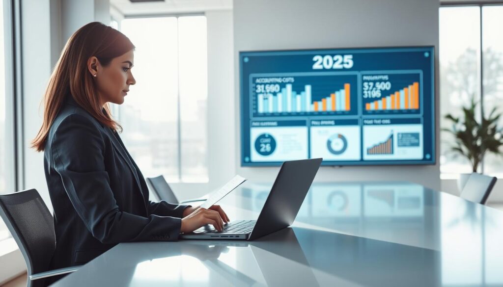 A professional accountant working at a sleek, modern desk in an office environment. In the foreground, a focused female accountant is reviewing financial documents on her laptop, dressed in business attire, with a calm expression. In the middle background, a digital display shows infographics and charts related to accounting costs for 2025, illustrating trends and data analysis. The office setting is bright and well-lit, featuring large windows that let in natural light, enhancing a professional atmosphere. Soft shadows create depth, and a subtle color palette of blues and whites conveys a sense of trust and reliability in financial services. The overall mood is one of professionalism and clarity, ideal for reflecting on the future of accounting costs.