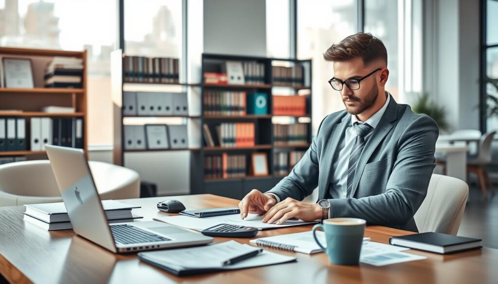 A professional accountant's workspace in a modern office setting, showcasing essential requirements for an accountant. In the foreground, a well-organized desk with a laptop, financial documents, a calculator, and a coffee cup. A confident accountant in smart business attire, focused on analyzing data on the laptop screen. In the middle ground, a bookshelf filled with accounting textbooks and certifications, symbolizing qualifications. The background features large windows with natural light streaming in, creating an uplifting atmosphere. Soft shadows cast by the furniture enhance depth. The overall mood conveys professionalism, diligence, and the pursuit of knowledge, ideal for illustrating the qualifications needed to become an accountant. A professional accountant's workspace in a modern office setting, showcasing essential requirements for an accountant. In the foreground, a well-organized desk with a laptop, financial documents, a calculator, and a coffee cup. A confident accountant in smart business attire, focused on analyzing data on the laptop screen. In the middle ground, a bookshelf filled with accounting textbooks and certifications, symbolizing qualifications. The background features large windows with natural light streaming in, creating an uplifting atmosphere. Soft shadows cast by the furniture enhance depth. The overall mood conveys professionalism, diligence, and the pursuit of knowledge, ideal for illustrating the qualifications needed to become an accountant.