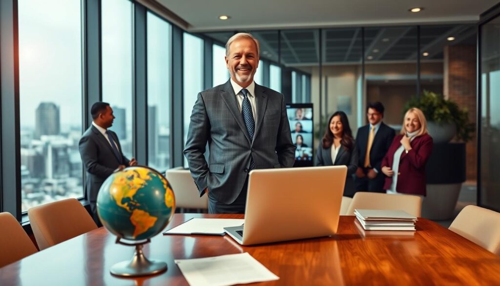 A professional ambassador standing confidently in a well-lit modern office, surrounded by elements symbolizing diplomatic success. In the foreground, display a polished wooden desk with a globe, diplomatic documents, and a laptop open to a video call screen showcasing international colleagues. In the middle, show the ambassador, a middle-aged individual in a tailored suit, engaging warmly with diverse colleagues, all exuding a sense of cooperation and respect. In the background, expansive windows reveal a city skyline, symbolizing global outreach and partnership. The lighting is soft and inviting, with a slight warm tint to create an atmosphere of professionalism and optimism, captured from a slightly elevated angle to convey a sense of authority and leadership. A professional ambassador standing confidently in a well-lit modern office, surrounded by elements symbolizing diplomatic success. In the foreground, display a polished wooden desk with a globe, diplomatic documents, and a laptop open to a video call screen showcasing international colleagues. In the middle, show the ambassador, a middle-aged individual in a tailored suit, engaging warmly with diverse colleagues, all exuding a sense of cooperation and respect. In the background, expansive windows reveal a city skyline, symbolizing global outreach and partnership. The lighting is soft and inviting, with a slight warm tint to create an atmosphere of professionalism and optimism, captured from a slightly elevated angle to convey a sense of authority and leadership.