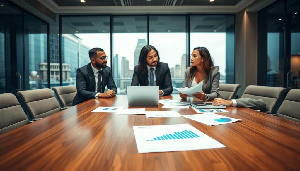 A professional and contemporary office environment featuring a sleek conference room table with a polished wooden finish. In the foreground, focus on a group of three diverse business professionals engaged in a discussion, dressed in smart business attire. They have a laptop and documents spread out on the table, showcasing analytics and market research related to the company Kamoka. In the background, large windows provide natural light, with a cityscape visible outside, hinting at Kamoka's urban location. The atmosphere is collaborative and focused, highlighting innovation and professionalism, with subtle lighting creating a warm yet dynamic ambiance. Shot from a slightly elevated angle to capture both the professionals and the workspace effectively.