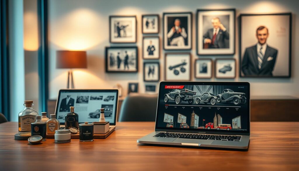 A professional and elegant office environment highlighting the rich history of a Polish brand. In the foreground, a detailed vintage product display showcasing iconic items from the company, arranged on a sleek wooden table. In the middle ground, an open laptop displaying a historical timeline of the company's milestones. In the background, a stylishly designed wall featuring framed images of the company's early beginnings and its founder, dressed in modern business attire. Soft, warm lighting fills the scene, creating an inviting and nostalgic atmosphere. A slight depth of field effect to emphasize the product display while subtly blurring the background, focusing attention on the company's heritage. The overall mood is one of pride and professionalism, capturing the essence of a well-established Polish brand.