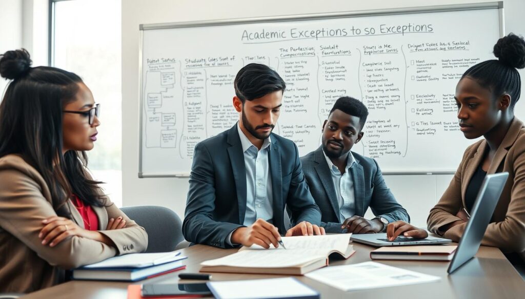 A professional and informative scene depicting a group of diverse graduate students engaged in a discussion about academic exceptions related to student status. In the foreground, three students of varying ethnicities, dressed in business casual attire, are seated around a table filled with notebooks and laptops, focused on a document outlining specific rules and exceptions. The middle ground includes a whiteboard filled with flowcharts and bullet points summarizing the exceptions. In the background, a large window lets in bright, natural light, illuminating a modern classroom or study area, creating an atmosphere of collaboration and learning. The overall mood is thoughtful and intense, emphasizing the importance of understanding academic guidelines. The perspective is slightly angled, showcasing both the students and the classroom elements prominently while maintaining a sense of depth. A professional and informative scene depicting a group of diverse graduate students engaged in a discussion about academic exceptions related to student status. In the foreground, three students of varying ethnicities, dressed in business casual attire, are seated around a table filled with notebooks and laptops, focused on a document outlining specific rules and exceptions. The middle ground includes a whiteboard filled with flowcharts and bullet points summarizing the exceptions. In the background, a large window lets in bright, natural light, illuminating a modern classroom or study area, creating an atmosphere of collaboration and learning. The overall mood is thoughtful and intense, emphasizing the importance of understanding academic guidelines. The perspective is slightly angled, showcasing both the students and the classroom elements prominently while maintaining a sense of depth.