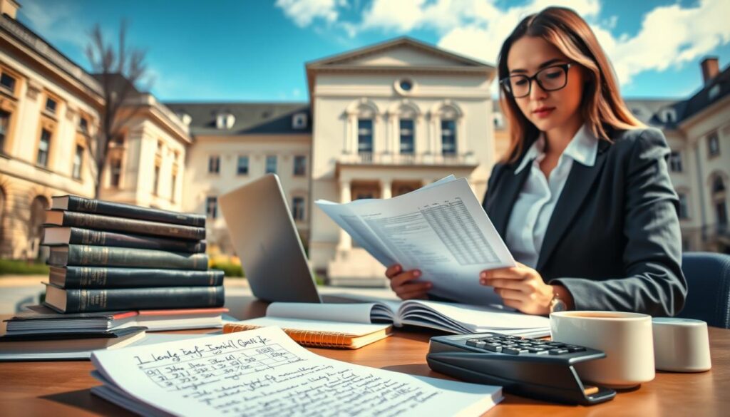 A professional and informative scene depicting the costs of legal studies in Poland. In the foreground, a neatly arranged desk with law books, a calculator, and a notepad filled with handwritten notes, reflecting financial aspects of legal education. In the middle ground, a confident young woman in professional attire is examining her study plans and budgets, surrounded by items like a laptop and a coffee cup, projecting focus and diligence. The background features a university building, symbolizing legal studies, with a clear blue sky above, enhancing the scholarly atmosphere. Soft natural lighting illuminates the scene, creating a welcoming yet serious mood, captured from a slightly elevated angle to provide depth to the workspace and the university's architecture. A professional and informative scene depicting the costs of legal studies in Poland. In the foreground, a neatly arranged desk with law books, a calculator, and a notepad filled with handwritten notes, reflecting financial aspects of legal education. In the middle ground, a confident young woman in professional attire is examining her study plans and budgets, surrounded by items like a laptop and a coffee cup, projecting focus and diligence. The background features a university building, symbolizing legal studies, with a clear blue sky above, enhancing the scholarly atmosphere. Soft natural lighting illuminates the scene, creating a welcoming yet serious mood, captured from a slightly elevated angle to provide depth to the workspace and the university's architecture.