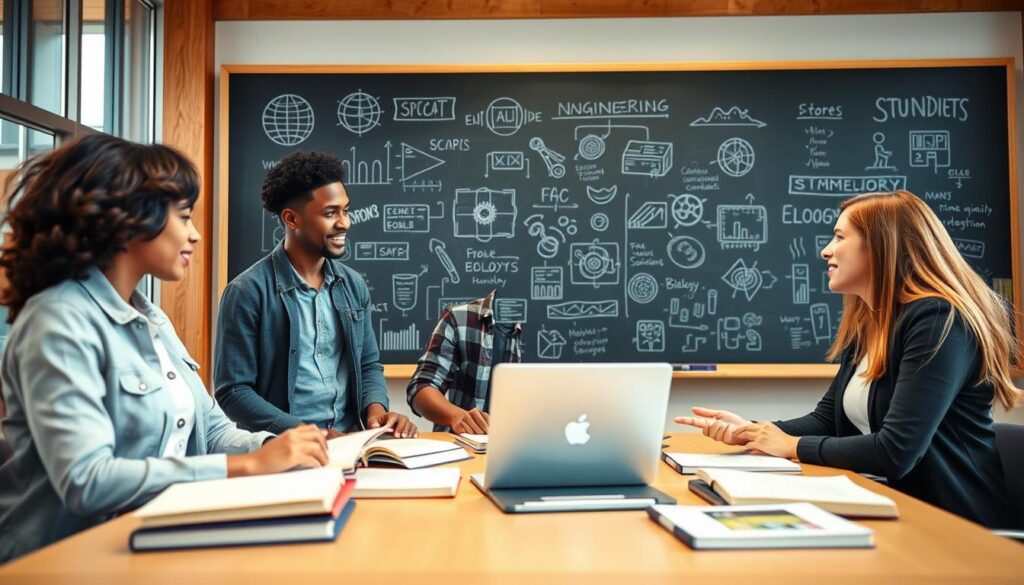 A professional and informative scene illustrating the concept of undergraduate studies (studia 1. stopnia). In the foreground, a diverse group of three students, a woman of Asian descent, a Black male student, and a Caucasian female student, are engaged in a lively discussion around a table filled with books and a laptop. They wear casual but neat clothing, reflecting a scholarly atmosphere. In the middle ground, a chalkboard filled with diagrams and notes related to various fields of study, like engineering, biology, and humanities. The background features tall windows allowing natural light to flood the room, creating a warm and inviting ambiance. The lighting is bright, enhancing the focus on education and collaboration. Overall, the mood is energetic, fostering the pursuit of knowledge and the college experience. A professional and informative scene illustrating the concept of undergraduate studies (studia 1. stopnia). In the foreground, a diverse group of three students, a woman of Asian descent, a Black male student, and a Caucasian female student, are engaged in a lively discussion around a table filled with books and a laptop. They wear casual but neat clothing, reflecting a scholarly atmosphere. In the middle ground, a chalkboard filled with diagrams and notes related to various fields of study, like engineering, biology, and humanities. The background features tall windows allowing natural light to flood the room, creating a warm and inviting ambiance. The lighting is bright, enhancing the focus on education and collaboration. Overall, the mood is energetic, fostering the pursuit of knowledge and the college experience.
